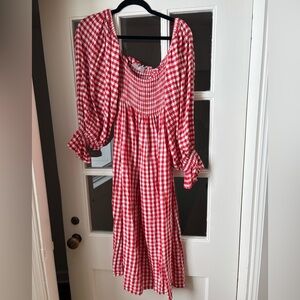 SLEEPER GINGHAM RED AND WHITE PRINT, worn 1x